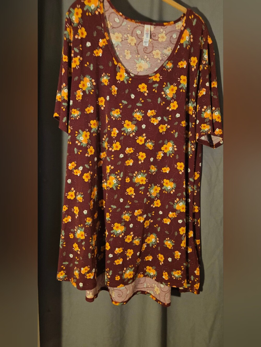 LuLaRoe Perfect T. Maroon with Yellow Floral Print